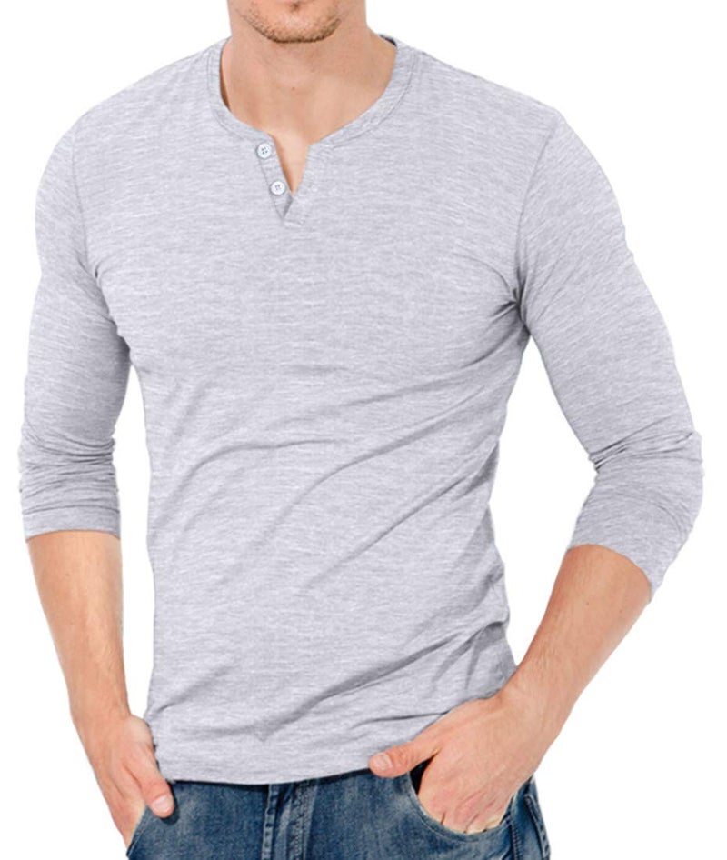 KUYIGO Mens Casual Long Sleeve Henleys Slim Fit T-Shirt V Neck Shirts Tops with Button Grey Medium - Image 2